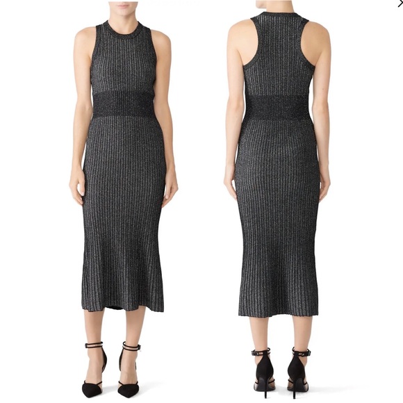 Jason Wu GREY Lurex Knit Midi Dress Black and Silver Pleated Size Large